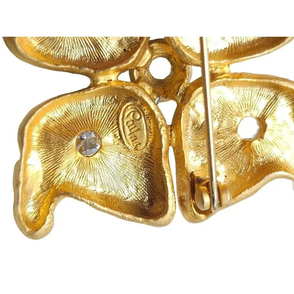 Pallas Rhinestone Four Leaf Flower Brooch Pin Gold Tone Vintage - Picture 4 of 5